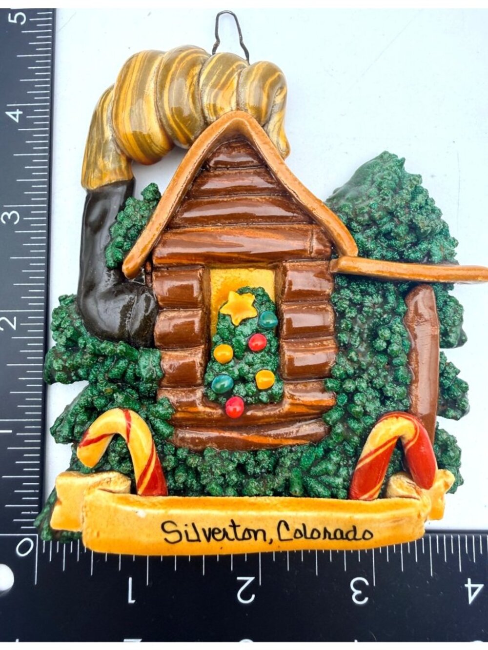 Vintage Handmade Christmas Ornament Silverton Colorado Clay Glazed Rustic Cabin - Picture 2 of 5